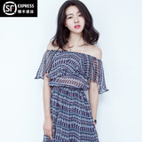 2016夏季新款韩版女装韩国印花雪纺露肩连衣裙大码荷叶边裙长裙子