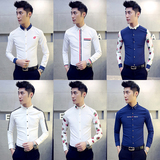 男士时尚个性印花长袖衬衫韩版青年发型师修身款花衬衣男潮白寸衫