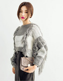 冬季韩版短款复古格子针织衫圆领上衣 宽松蝙蝠衫流苏套头毛衣女