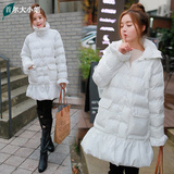 荷叶边下摆棉衣女中长加厚 冬季女装白色面包服 韩版学生外套可爱