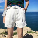 夏季女装韩版线条宽松显瘦阔腿裤白色牛仔短裤休闲裤高腰学生热裤