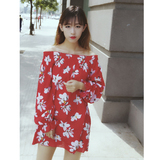夏季女装韩版气质小清新一字领花朵中长款长袖连衣裙宽松休闲短裙