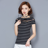 【天天特价】夏季女装韩版黑白条纹性感网纱拼接短袖T恤修身上衣