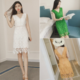 2016夏季新款韩版性感V领背心裙修身显瘦无袖蕾丝连衣裙女装中裙