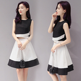 2016夏季新款韩国气质无袖短款上衣+高腰A字短裙两件套时尚套装女