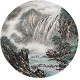 中国画山水圆形团扇面 黄果树瀑布 纯手绘山水水墨画 未装裱无款