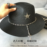 出口韩国原单复古新款克罗心链条五角星黑色爵士草帽帅气女帽子