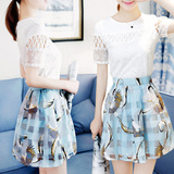 2016春夏新款韩版两件套裙子高腰连衣裙休闲蕾丝修身套装蓬蓬裙女