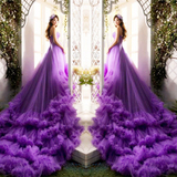 2016新款影楼婚纱照服装 情侣装写真服套装 新娘拖尾婚纱礼服紫色