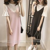 小清新韩版两件套女装夏装2016吊带长裙宽松连衣裙喇叭袖时尚套裙