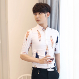 夏季新款韩版七分袖衬衫男修身青年潮男上衣英伦印花半袖衬衣