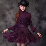 卓雅专柜同款高领羊毛连衣裙 重工收腰真丝蛋糕裙子紫色 裙子