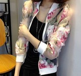 2016春季新款薄外套女韩版修身短装夹克上衣印花欧根纱开衫防晒衣