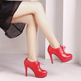 红色小高跟鞋女春单鞋细跟防水台圆头舒适真皮深口系带黑色性感