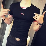 夏装精神社会小伙短袖t恤男士个性圆领修身衣服韩版潮流半截半袖