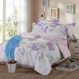 蒙格简约田园全棉四件套紫色小碎花纯棉被单被套床上用品粉色床单