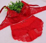 超薄款性感蕾丝透明网纱女士文胸透气本命年大红色内衣套装 包邮
