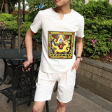 龙袍刺绣棉麻圆领短袖T恤套装 夏季中国风系绳短裤加肥大码潮男装