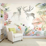 创意婚房背景墙纸艺术美式复古壁纸卧室客厅大型定制壁画田园麋鹿