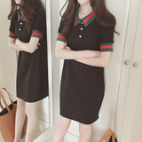 2016夏季女装新款韩版学院风简约裙子条纹翻领短袖中长款连衣裙女