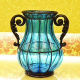 欧式复古古典 地中海铁艺玻璃花瓶 海蓝色台面插花花瓶水培包邮