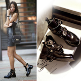 欧美2016新款巴黎女靴黑色真皮带扣镂空金属马丁靴短靴及裸靴单鞋