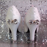 蕾丝花朵婚鞋高跟防水台白色珍珠蝴蝶结新娘鞋结婚拍婚纱照伴娘鞋