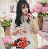 韩国官网代购milkcocoa甜心公主蝴蝶结系带木耳边立领这种衬衫女
