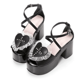 日系新款夏季女鞋爱心形十字架蕾丝花边交叉绑带凉鞋防水台粗跟鞋