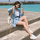 韩国2016长袖中长款棉麻小西装女外套夏季薄款休闲短裤套装两件套