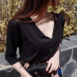 韩国新款纯色七分袖女T恤V领透视t套头上衣休闲宽松衬衫性感防晒