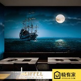 现代星空月亮墙纸3d立体大海夜景色壁纸客厅ktv网咖酒吧主题壁画
