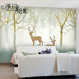 墙纸壁画 北欧宜家客厅电视背景墙壁纸卧室手绘麋鹿树林无缝壁画