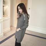 秋冬季韩版女装中长款打底衫宽松显瘦套头毛衣铆钉口袋长袖针织衫