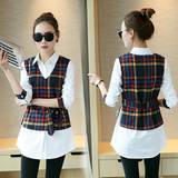 2016新款韩版女装衬衣马甲格子中长款两件套修身长袖打底衬衫上衣