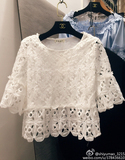 韩国代购东大门 2016夏季新品短款甜美白色喇叭袖蕾丝衫女上衣