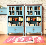 地中海书柜 蓝色美式乡村风格实木两门书橱 简约现代书架陈列柜