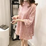 2016孕妇装春装新款韩版纯色蕾丝镂空中长款七分袖宽松孕妇连衣裙