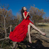 原创新款度假海边沙滩裙夏装波西米亚仙女长裙修身红色大摆连衣裙
