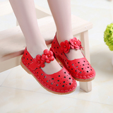 新款春夏红色女童皮鞋浅口镂空平底儿童单鞋软底表演小女孩公主鞋