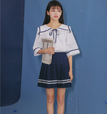 学院风日系甜美海军风宽松衬衫+百褶短裙套装两件套学生时尚班服