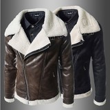 2015秋冬外贸斜拉链精品羊羔绒韩版男士皮衣修身时尚短款PU皮外套