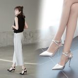 【天天特价】时尚新款尖头浅口单跟鞋银色高跟鞋一字扣带女凉鞋