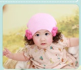 韩版宝宝帽子儿童帽子假发套头帽女童潮帽秋冬公主毛线帽3-36个月