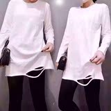 2016春装打底衫韩版修身长袖T恤裙女中长款破洞竹节棉体恤
