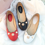 2016新款韩版方头浅口单鞋平跟孕妇瓢鞋珍珠真皮羊皮平底红色婚鞋
