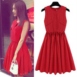 韩国2016新款高腰修身显瘦无袖背心裙明星同款红色连衣裙夏红裙子
