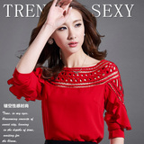 2016春夏新款红色修身性感打底镂空长袖韩版宽松短袖上衣女雪纺衫