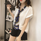 2016夏季新款韩版女装 围巾装饰休闲百搭宽松圆领短袖雪纺衫衬衫