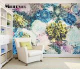 定制复古蓝色手绘花卉卧室背景墙纸壁画 简约欧式时尚沙发墙纸